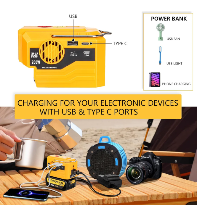 200W Power Inverter for Dewalt/Makita/Milwaukee/Ryobi 18-20V to 120V Adapter
