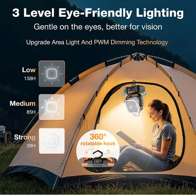 Long-Lasting Camping Fan – 31–128hrs Runtime, LED Light, Oscillating, USB Rechargeable