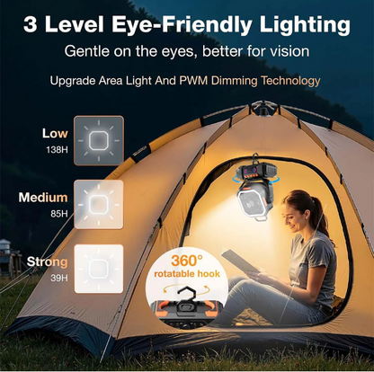 Long-Lasting Camping Fan – 31–128hrs Runtime, LED Light, Oscillating, USB Rechargeable