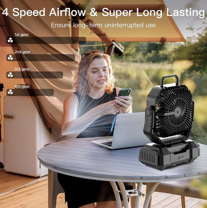 Long-Lasting Camping Fan – 31–128hrs Runtime, LED Light, Oscillating, USB Rechargeable
