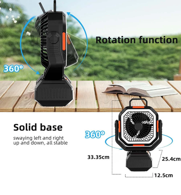 Long-Lasting Camping Fan – 31–128hrs Runtime, LED Light, Oscillating, USB Rechargeable