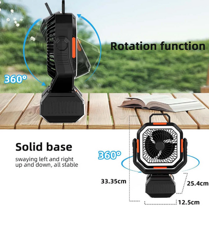 Long-Lasting Camping Fan – 31–128hrs Runtime, LED Light, Oscillating, USB Rechargeable
