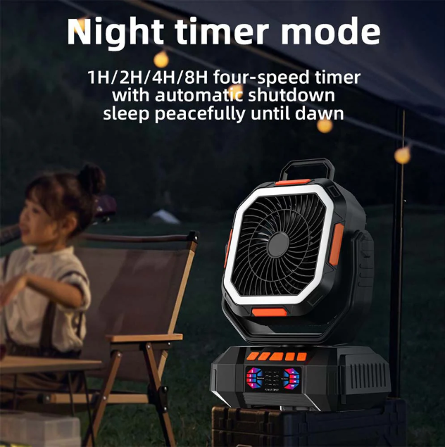 Long-Lasting Camping Fan – 31–128hrs Runtime, LED Light, Oscillating, USB Rechargeable