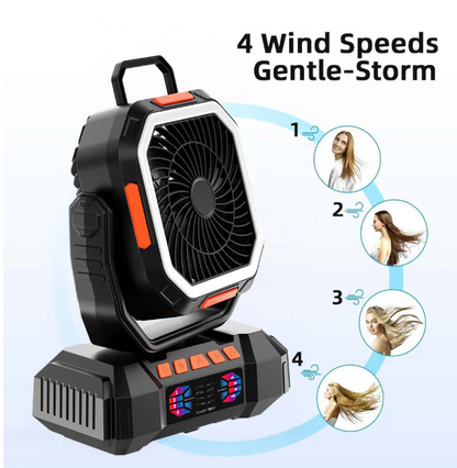 Long-Lasting Camping Fan – 31–128hrs Runtime, LED Light, Oscillating, USB Rechargeable