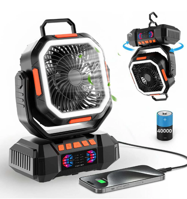 Long-Lasting Camping Fan – 31–128hrs Runtime, LED Light, Oscillating, USB Rechargeable